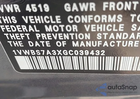 2016 Volkswagen Passat Se from USA, damaged, VIN 1VWBS7A3XGC039432